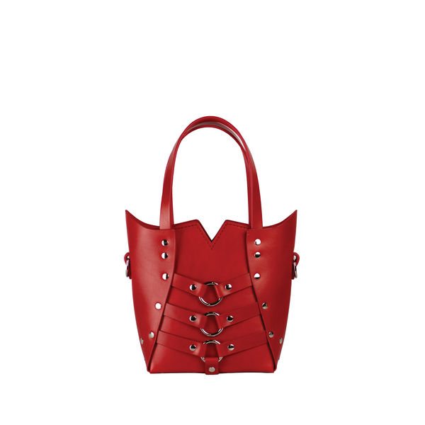 bright red leather bag with shoulder strap and silver hardware