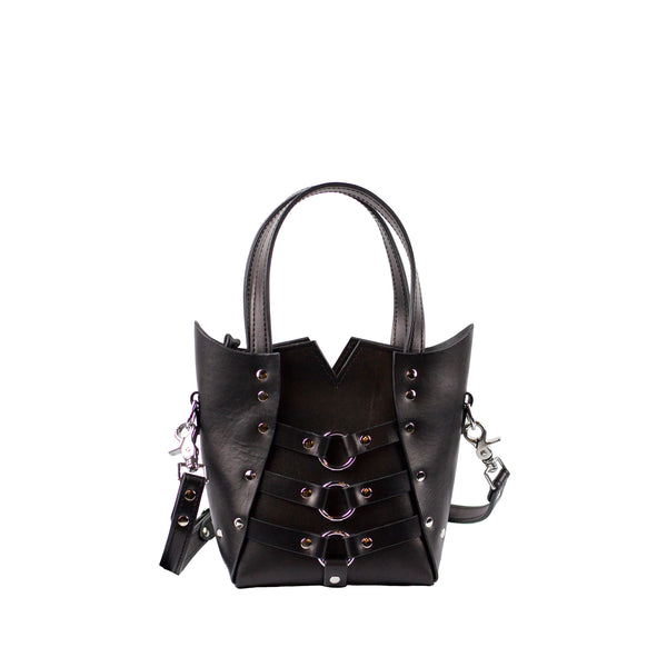 Black leather bag with silver hardware and cross body strap