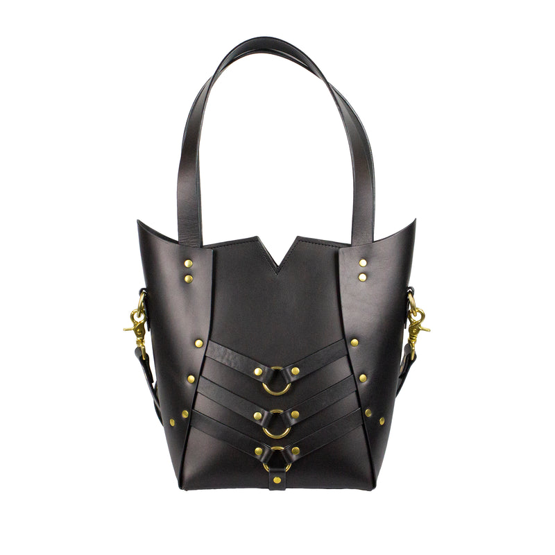 black leather tote with brass hardware and cross body strap