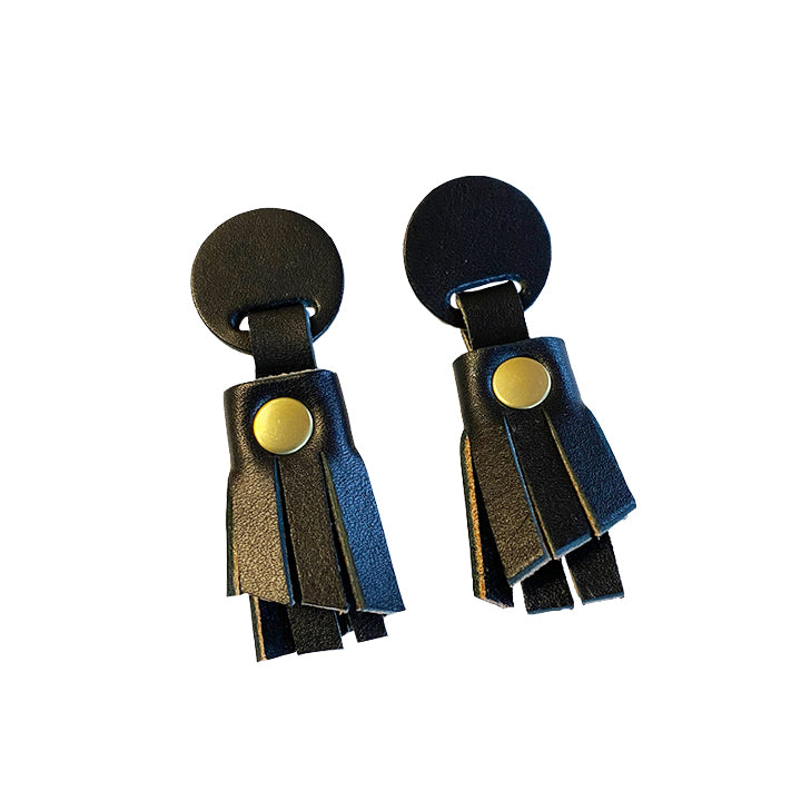 Leather Fringe Earrings - Black & Brass