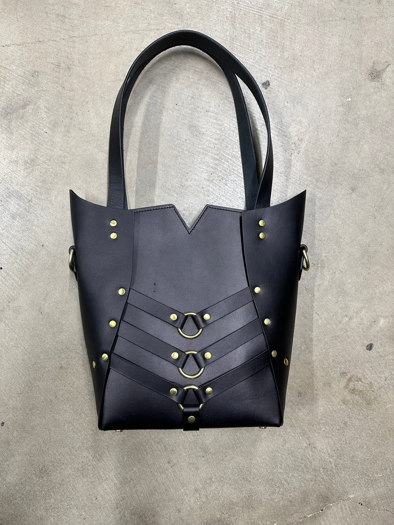 (RTS) SAMPLE SALE - ZIP TOP PALLAS TOTE - Black and Brass