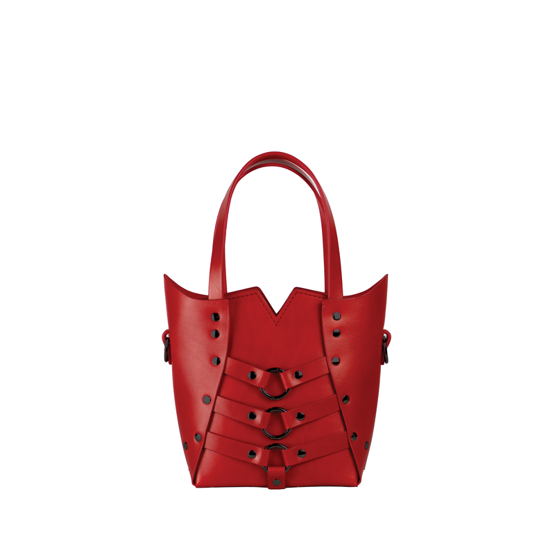 Bright red leather bag with black hardware and shoulder strap