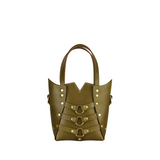 green leather bag with brass hardware and shoulder strap
