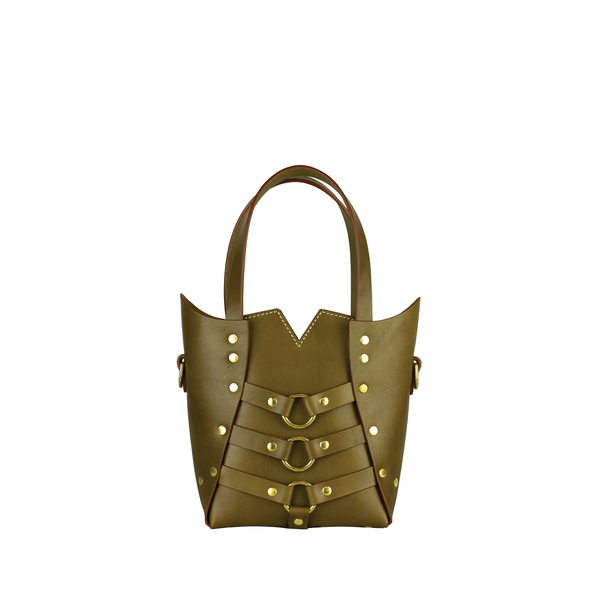 green leather bag with brass hardware and shoulder strap