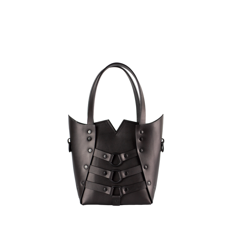 black leather bag with black hardware and shoulder strap