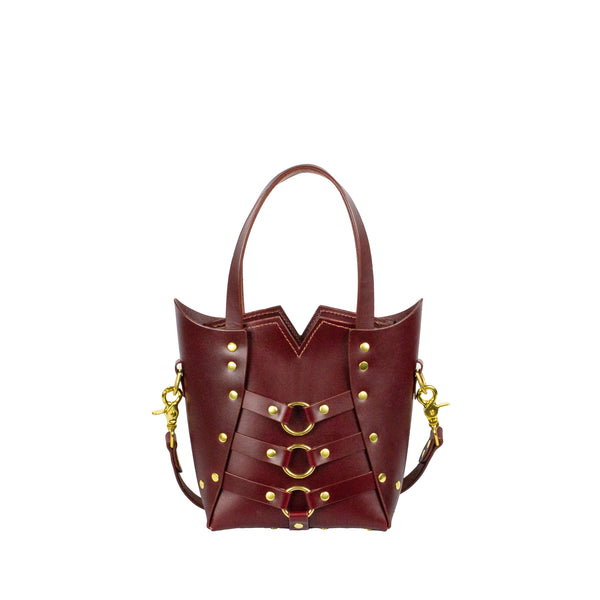 oxblood leather bag with brass hardware and cross body strap